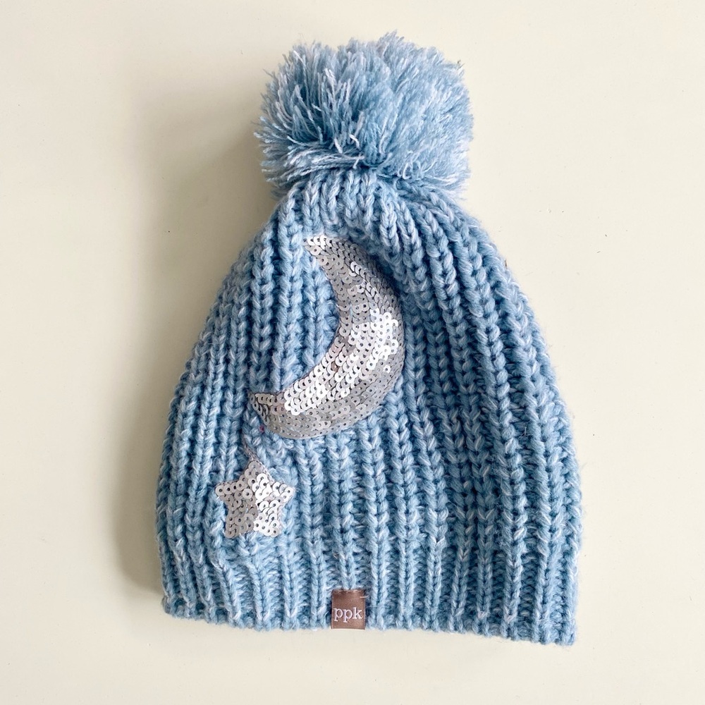 Peppercorn Kids Blue Knit Kids Beanie with Moon and Star